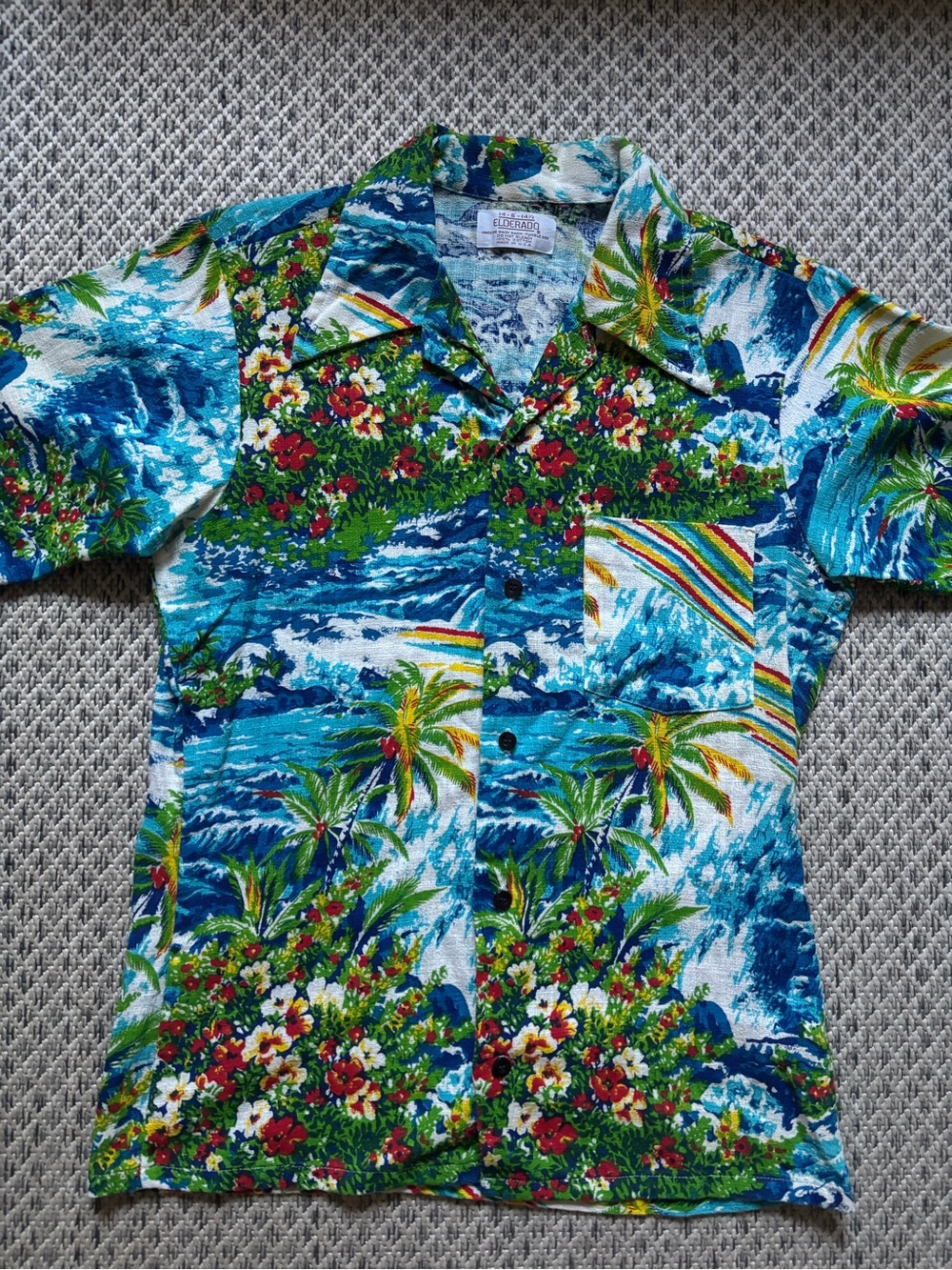 Vintage 60s 70s Elderado Tropical Button-Up Shirt Beach Casual Blue/Green/Red